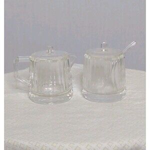 VTG Retro Faceted Clear Lucite Creamer Sugar Bowl Spoon Coffee Set 70s MCM EUC